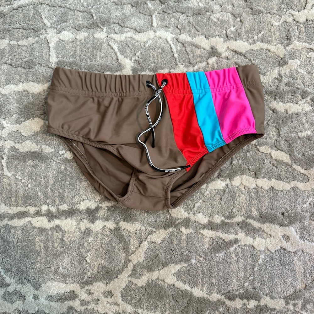 Barcode Berlin Swim Brief with Brown, Red, and Blue Accents